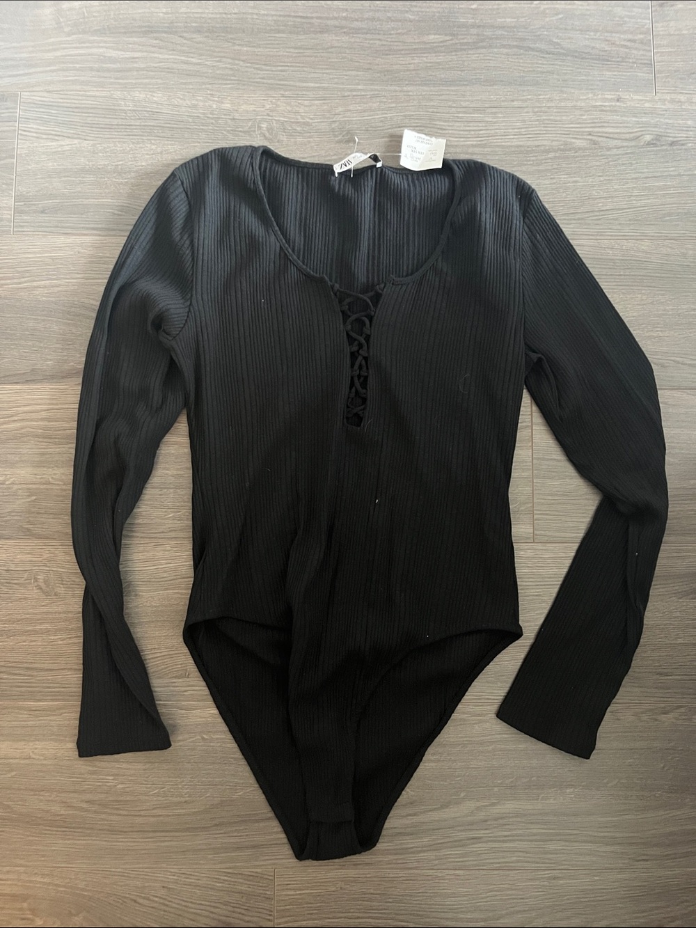 Zara Black Ribbed Lace-Up Long Sleeve Bodysuit
